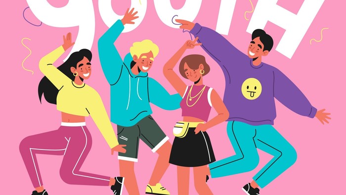 Vier junge Menschen feiern und tanzen vor dem Wort 