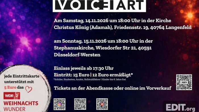 Plakatwerbung für VOICE!ART-Konzerte mit herzförmigem Design und Veranstaltungsdetails auf Deutsch.