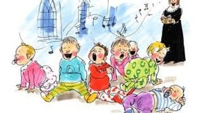 Børn synger med nonne i kirke.