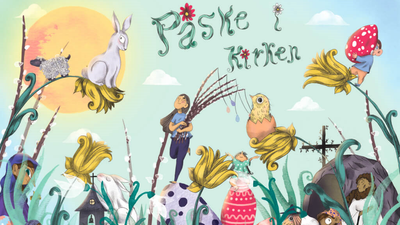 En festlig påskeillustration med dyr, æg og barn, med teksten "Påske i kirken".