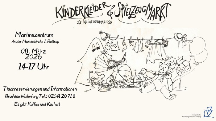 Flyer für den Kinderkleider- & Spielzeugmarkt im Martinszentrum am 8. März 2020 mit Second-Hand-Verkauf von Kinderkleidung und Spielzeug.