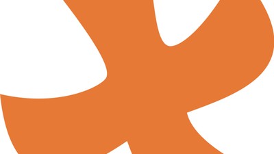 Ein oranges, abstraktes Symbol mit fünf gebogenen Linien