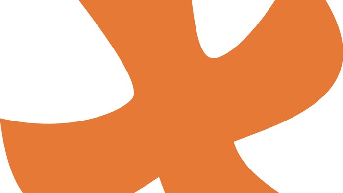 Ein oranges, abstraktes Symbol mit fünf gebogenen Linien