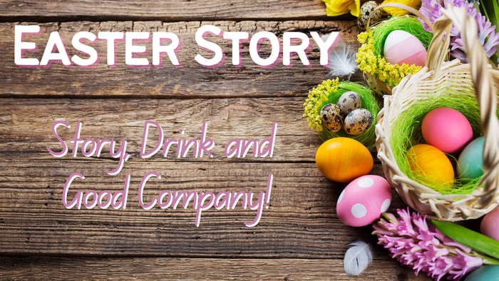 Easter basket with colorful eggs and flowers on wooden background, with text 