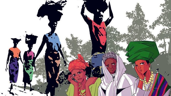 Lebendige Illustration kulturell vielfältiger Menschen, die Lasten tragen und sich im Freien bei alltäglichen Aktivitäten beschäftigen.