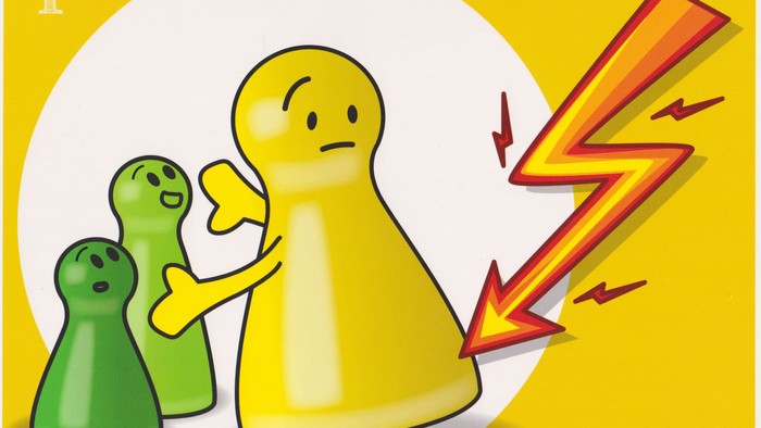 Ein gelber Spielstein wird von zwei grünen Spielsteinen bedrängt und von Blitzen getroffen.