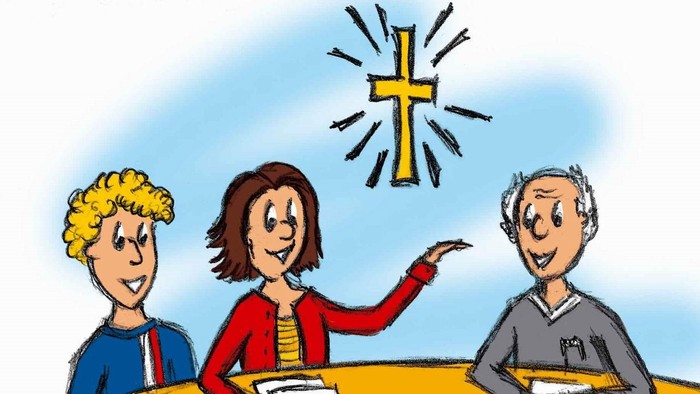 Drei Personen stehen im Wasser, eine zeigt auf ein leuchtendes Kreuz über ihnen und hält Bücher.