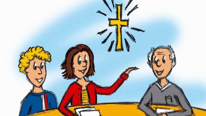 Drei Personen stehen im Wasser, eine zeigt auf ein leuchtendes Kreuz über ihnen und hält Bücher.