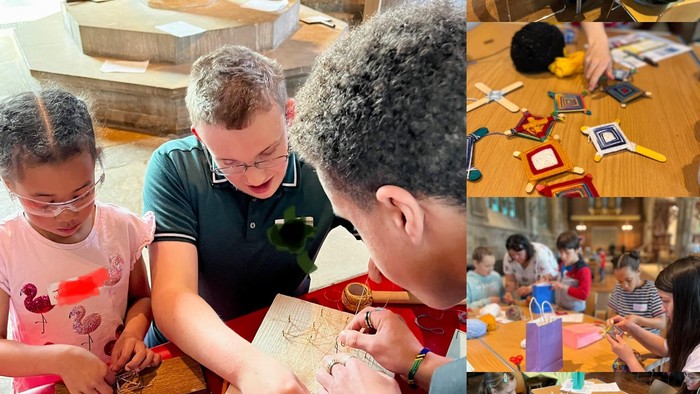 Children engaged in various art activities with adults assisting.