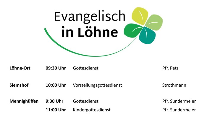 „Gottesdienstplan mit Zeiten, Orten, Gottesdienstarten und zuständigen Pastoren der Evangelischen Kirchengemeinde in Löhne.“