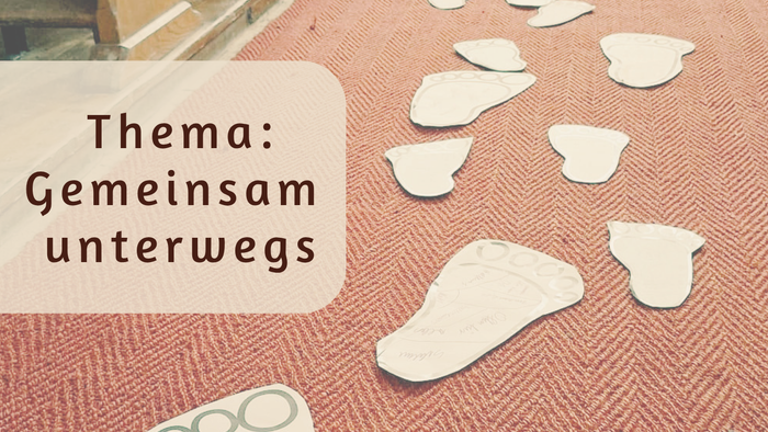 Plakat für eine Kirchenveranstaltung mit dem Titel **"Gemeinsam unterwegs"** am **26. Mai um 10 Uhr** in **Liebstadt**, mit dem Thema **Fußspuren**.