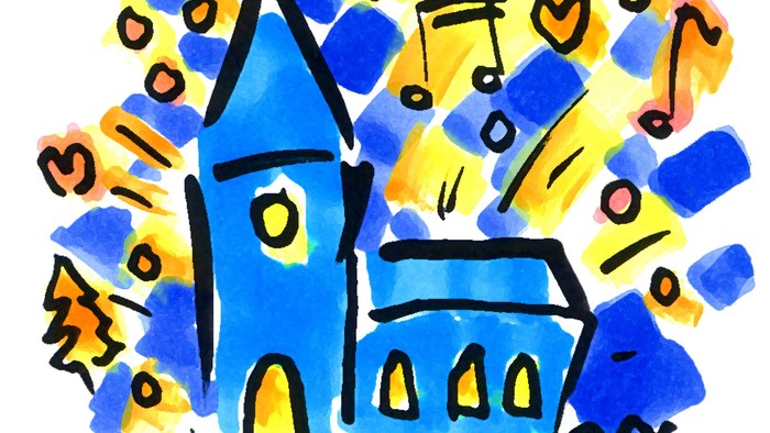 Buntes, kindliches Zeichnung einer Kirche mit Musiknoten und Sternen