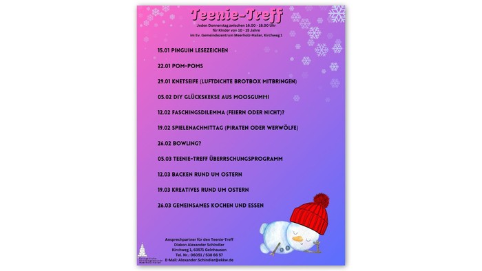 Jugendveranstaltung – Zeitplan mit winterlichen Aktivitäten und Zeiten für Kinder von 12 bis 16 Jahren.