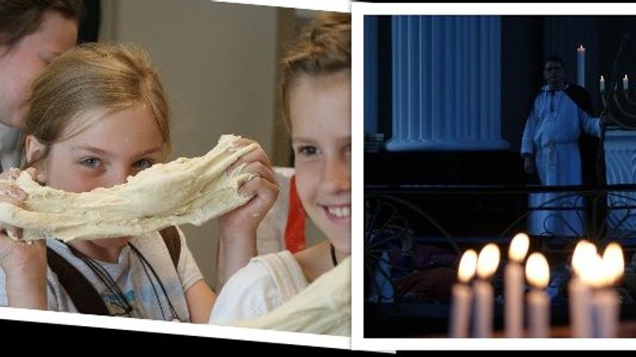 Billedet viser en række billeder af en familie, der fejrer en festlig begivenhed ude i naturen.