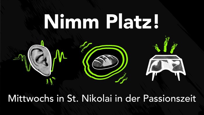 Werbeplakat für Aschermittwochs-Gottesdienste in der St. Nikolai-Kirche während der Fastenzeit, das mit symbolischen Icons zur Teilnahme einlädt.