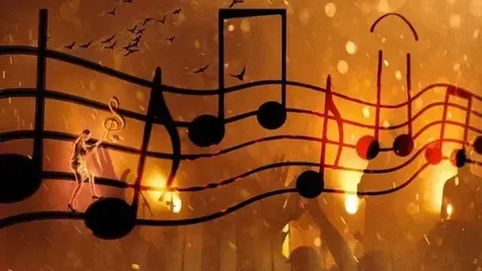 Musiknoter og lysende lygter i en festlig stilleben.