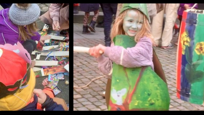 To billeder af en lille pige på fest med kostumer og masker