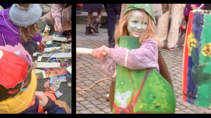 To billeder af en lille pige på fest med kostumer og masker