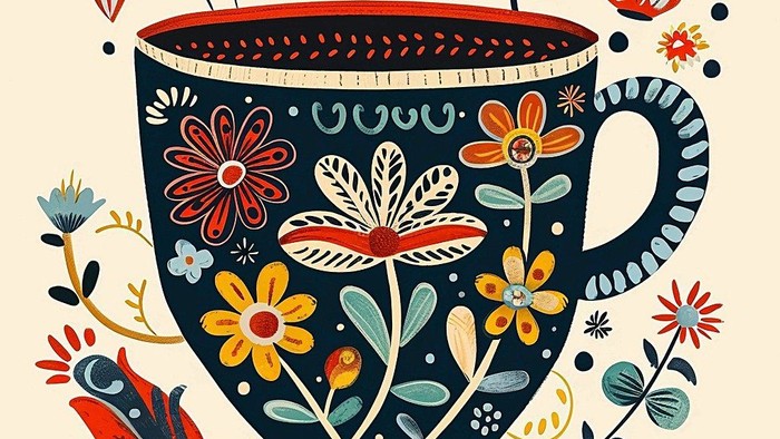 Bunter Tee-Becher mit Blumen und Vögeln, illustriert