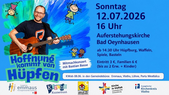 Plakat für ein Kinderkonzert mit Bastian Basse am 12. Juli 2026 in der Auferstehungskirche, Bad Oeynhausen.