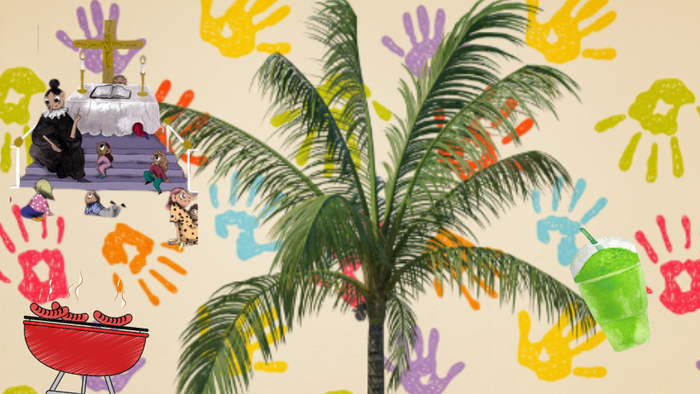 Farverigt håndaftrykskunst pynter en tropisk scene med et palmetræ, grill og strandfest-elementer.
