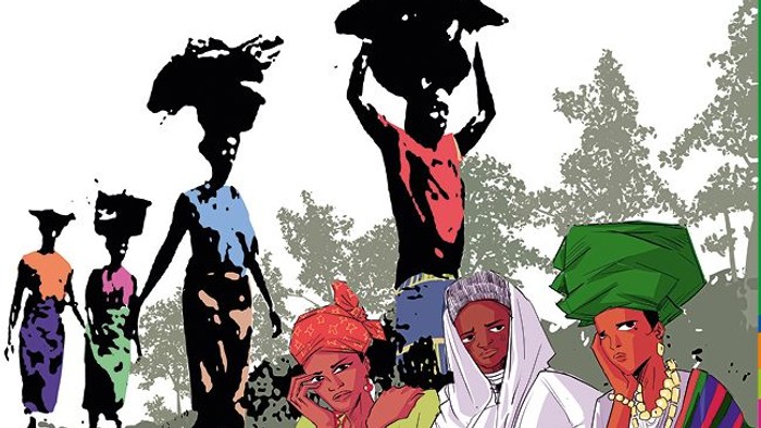 Banner zum Weltgebetstag 2026 mit Frauen aus Nigeria, die Lasten auf ihren Köpfen tragen