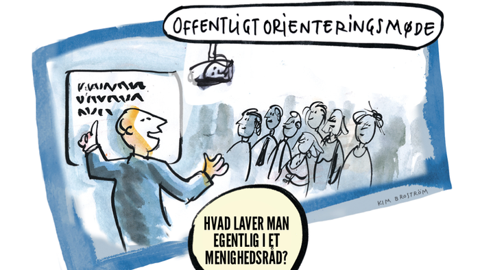 En humoristisk scene, der illustrerer et offentligt møde, hvor en taler forklarer, hvad et lokalråd egentlig laver.