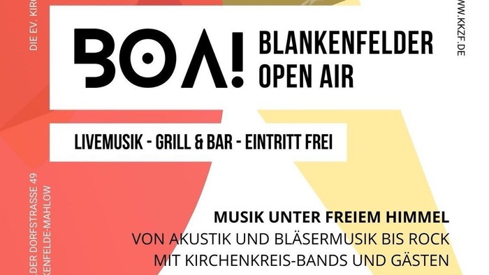 Poster für das BOA! Blankenfelder Open Air 2025 mit Live-Musik, Grill & Bar, Eintritt frei, am 20. Sep 2025