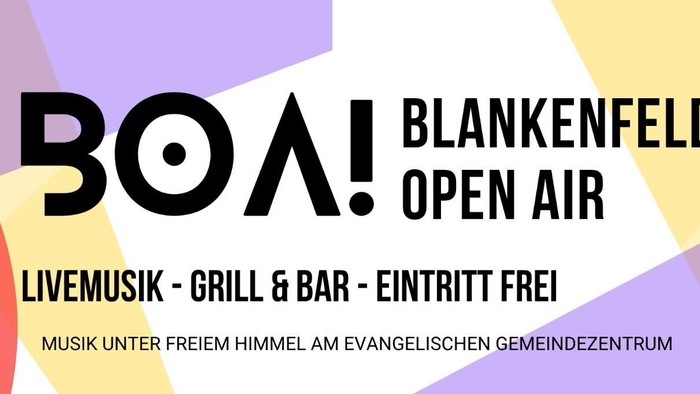 Werbeplakat für das Blankenfelder Open Air mit Live-Musik, freiem Eintritt und Open-Air-Bar-Events.