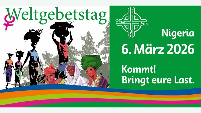 Weltgebetstag-Plakat für Nigeria am 6. März 2026, das zur Teilnahme mit kulturellen Illustrationen und einer einladenden Botschaft aufruft.