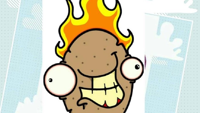 Cartoon potato with flames on top, labeled 