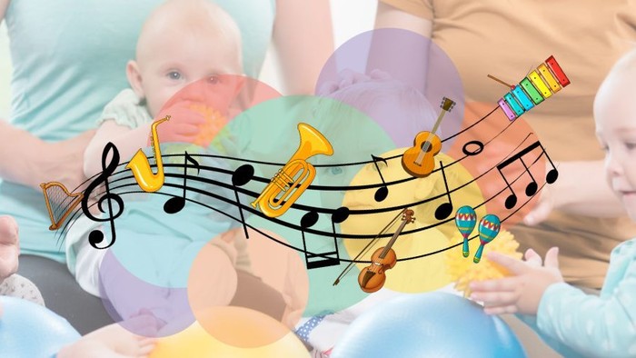 Babys sitzen auf dem Boden, darüber Grafik mit Notenlinien, darauf Noten und Instrumente