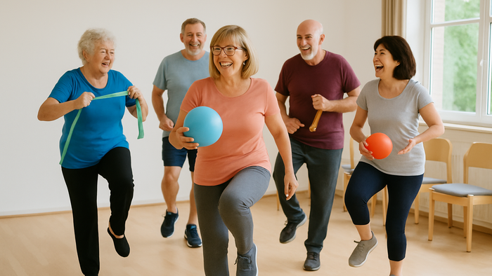Sportgruppe mittleren Alters mit Bällen und Bändern in Bewegung