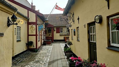 Hyggelig brostensbelagt gyde omkranset af farverige europæiske bygninger og krukkeblomster.