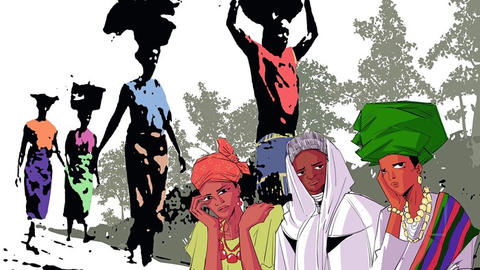 Illustration einer vielfältigen Gruppe von Menschen, die Gegenstände auf ihren Köpfen tragen und bunte Kleidung tragen.