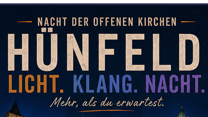Werbeplakat für die „Nacht der offenen Kirchen“ in Hünfeld mit Musik, Licht und Gemeinschaftsveranstaltungen am 19. September 2026.