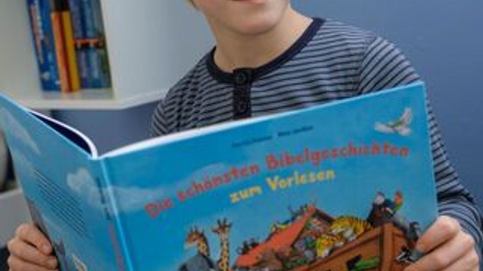 Ein Junge liest ein blaues Buch mit einem Schiff und Tieren.