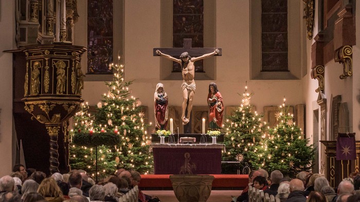 Ein Blick in die mit Weihnachtsbäumen festlich geschmückte Georgenkirche mit dem Stern über dem Altar