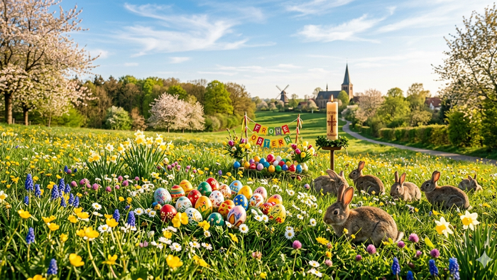 Bild einer Osterwiese mit Hasen und bunten Eiern
