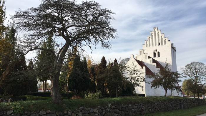 Et stort, hvitt kirkebygning med spisse tårne og en stor træ i forgrunden