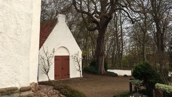Træer uden blade på kirkegården og kapel i baggrunden