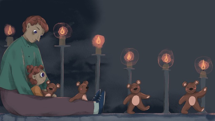 En pige sidder i en båd med flere teddybjørne i en mørk natlig scene med flammende fackler