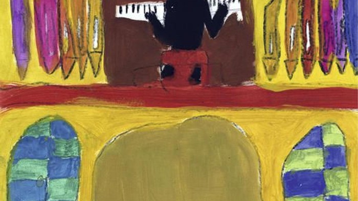 Buntes abstraktes Gemälde einer Bühne mit musizierenden Musikern und einem Publikum darunter.