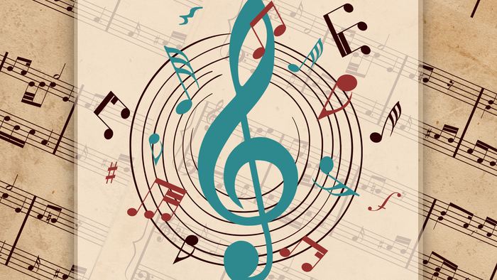 Plakat Konzert mit Notenschlüssel und Noten