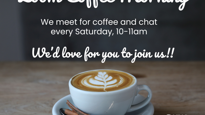 Invitation to a virtual coffee meetup every Saturday morning, featuring a cup of coffee with cinnamon sticks.