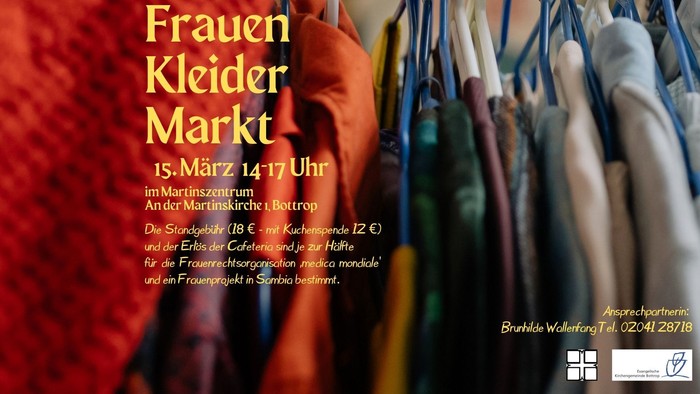 Plakat für eine Frauenbekleidungsmarkt-Veranstaltung am 15. März mit Secondhand-Kleidung und Charity-Informationen.