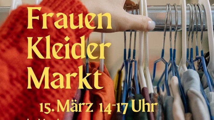 Plakat für eine Frauenbekleidungsmarkt-Veranstaltung am 15. März, deren Erlös Frauenrechtsorganisationen unterstützt.