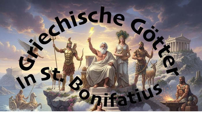 Griechische Götter im Kontext des Heiligen Bonifatius, die Mythologie mit historischer künstlerischer Darstellung verbinden.
