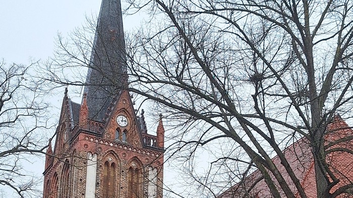 Gothische Backsteinkirche mit hohem Turm und Uhr.