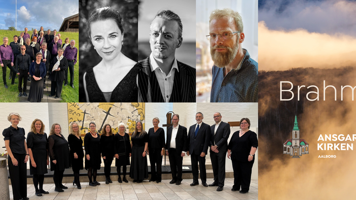 Reklamebanner for Brahms' Requiem-koncert med optrædende kunstnere og naturskønt landskab.
